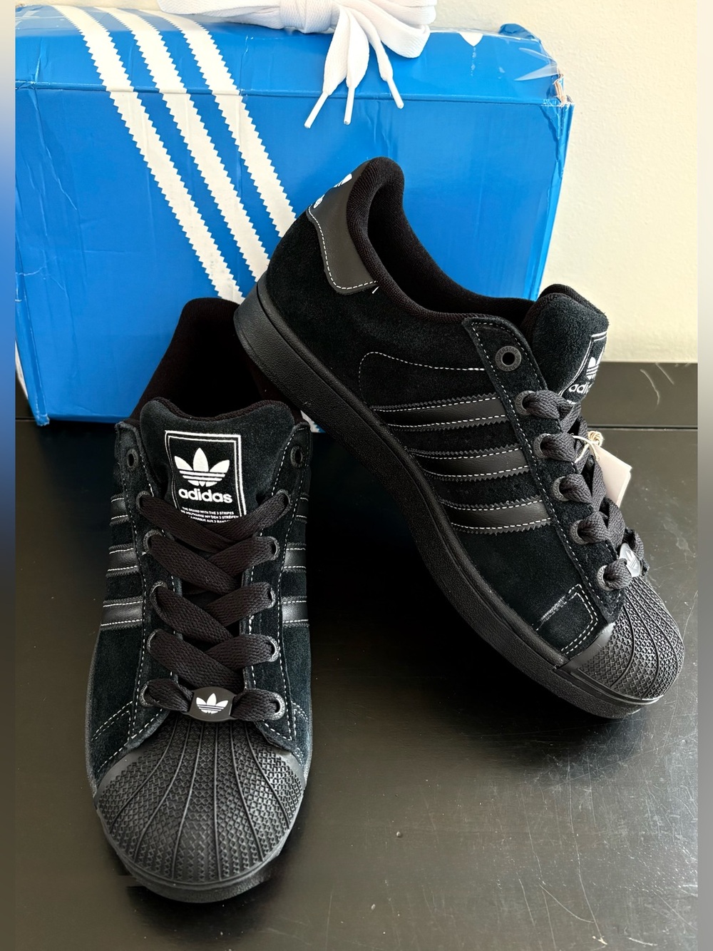 Adidas Superstar II Core Black on Black Suede Leather Upper Brand New Mens 10.5
